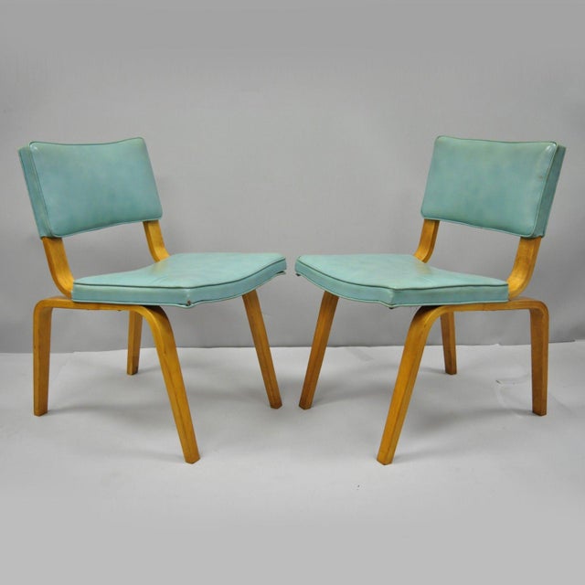 Vintage Bentwood Aqua Blue Vinyl Dining Side Chairs a Pair