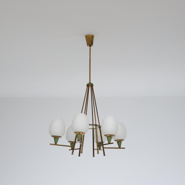 Vintage Italian Chandelier in Brass with Green-Lacquered Metal and Opaline Glass, 1950s For Sale - Image 12 of 12