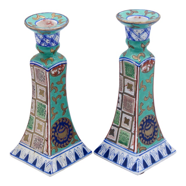 1960s Vintage Chinoiserie Ceramic Turquoise Candlesticks by Nora Fenton For Sale