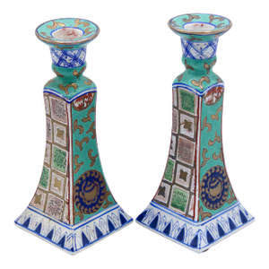 1960s Vintage Chinoiserie Ceramic Turquoise Candlesticks by Nora Fenton