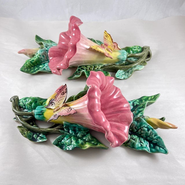 Ceramic French Fives-Lille De Bruyn Morning Glory & Butterfly Wall Pockets, 1890, a Pair For Sale - Image 7 of 12