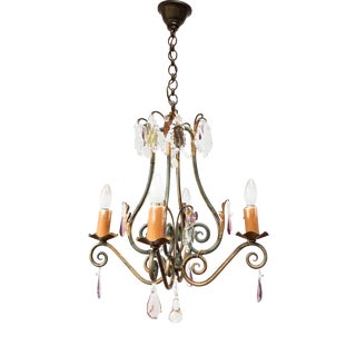 Antique French Chandelier in Iron, Green and Gold Crystals, 1900 For Sale