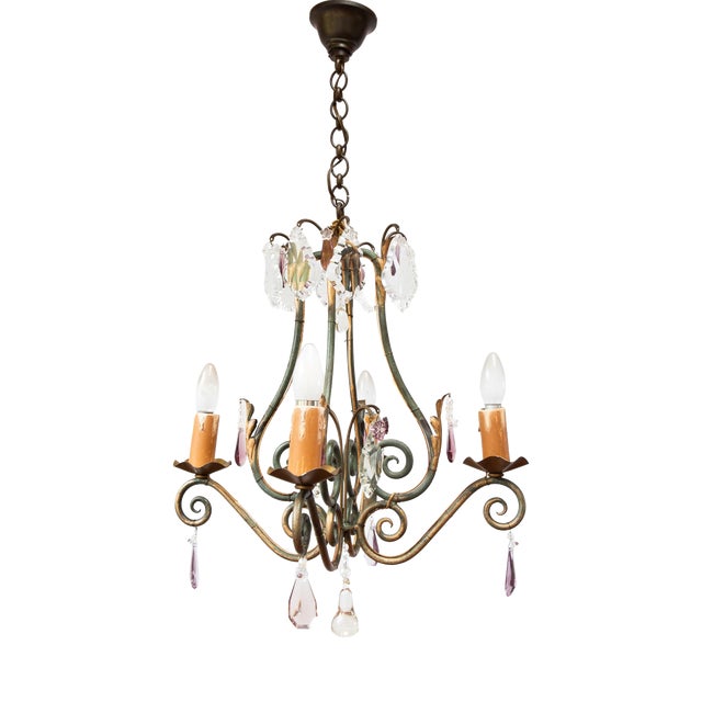 Antique French Chandelier in Iron, Green and Gold Crystals, 1900 For Sale