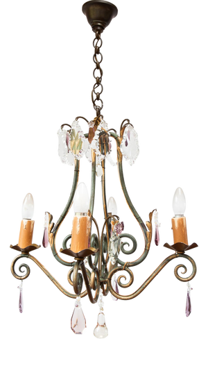 Antique French Chandelier in Iron, Green and Gold Crystals, 1900