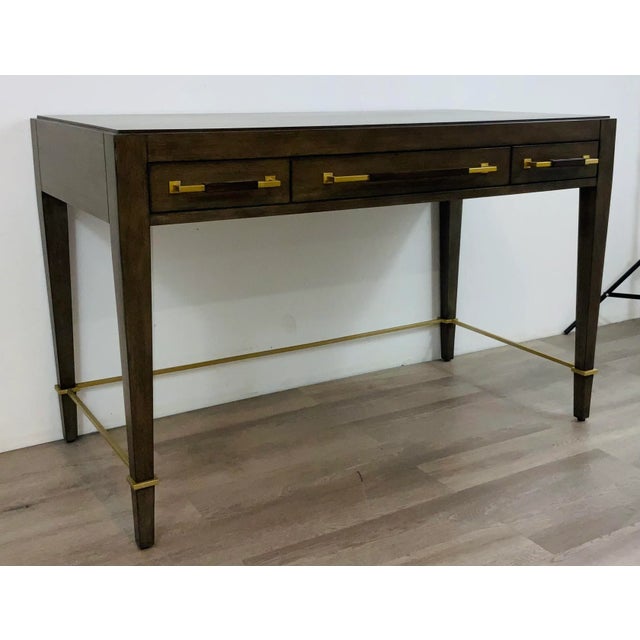 Original Retail $4600, stylish Currey & Co. Modern Medium Wood Verona Chanerelle Writing Desk Prototype, brass finished...