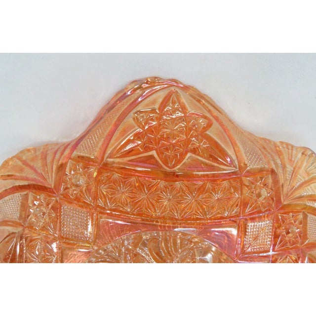 Brockwitz Marigold Carnival Glass Curved Star and Headdress Ruffled Bowl For Sale - Image 9 of 13