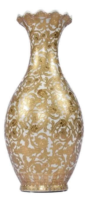 Chinese Porcelain Yuhuchunping 30 Inch Gold and White Palace Vase With Scalloped Top