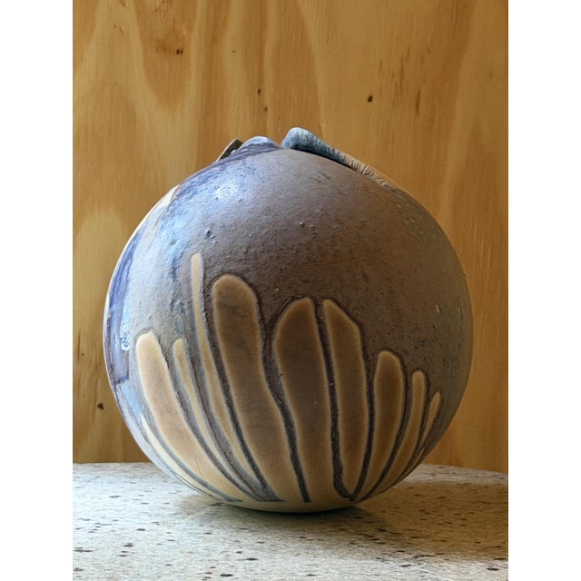 Ceramic Studio Pottery Orb Vase wirh Pinched Organic Opening and Drip Glaze, 1940 For Sale - Image 7 of 13