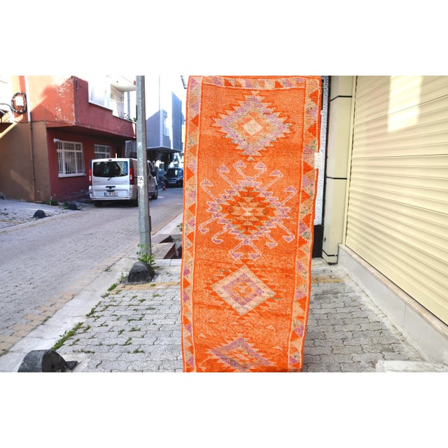 Textile Burnt Orange Handmade Runner Rug For Sale - Image 7 of 11