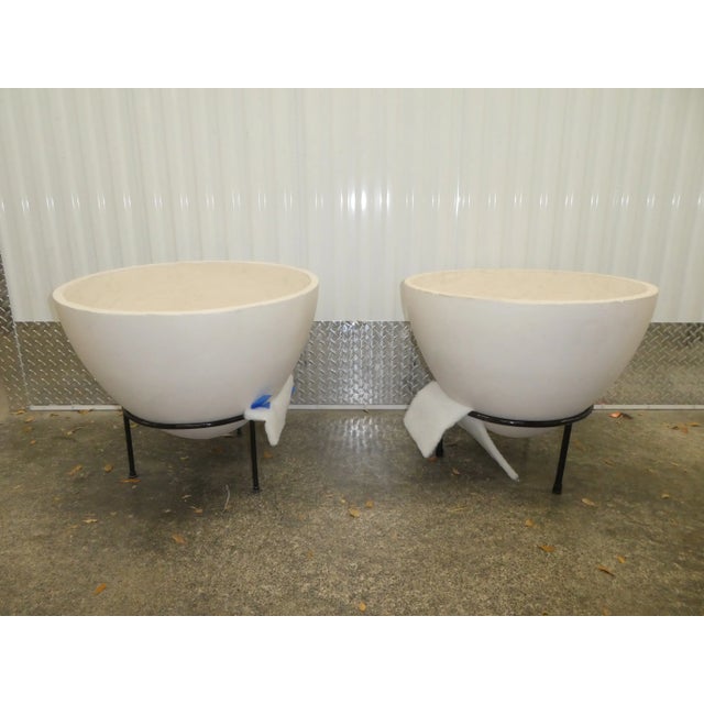 Mid Century Modern Atomic Age Planters With Wrought Iron Holders - A Pair sold as found in vintage condition without...