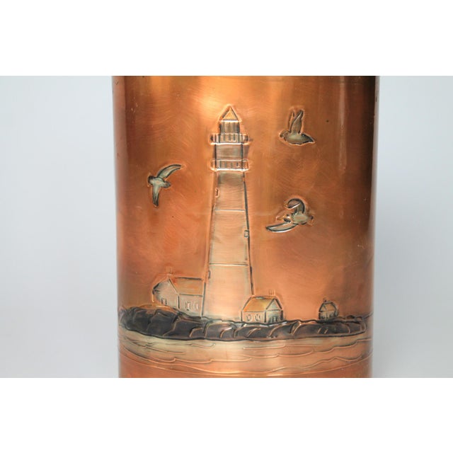 Vintage Nautical Lighthouse Copper Wrapped Wastebasket For Sale - Image 4 of 11