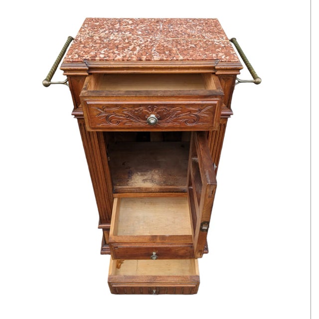 Fantastic European (thought to be French or English) red marble top linen cabinet in what is thought to be a deep colored...