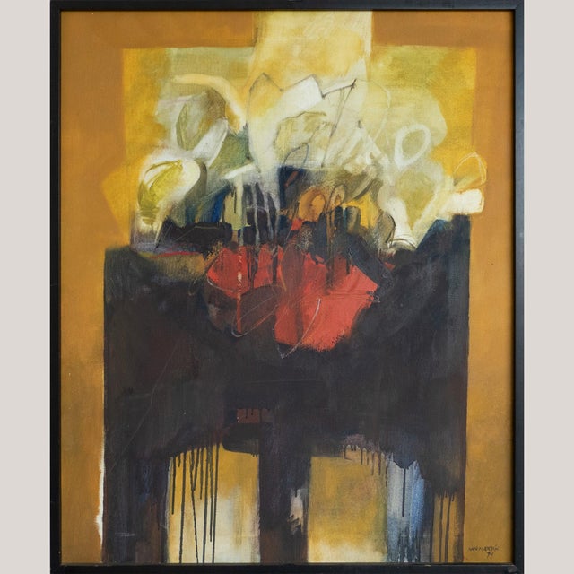 This evocative 1974 abstract oil painting, possibly by Antonio San Martín, captures a dynamic interplay of form, gesture,...