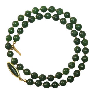 Natural Russian Siberian Nephrite Jade Necklace, 14k Gold Accents, Jade Clasp For Sale
