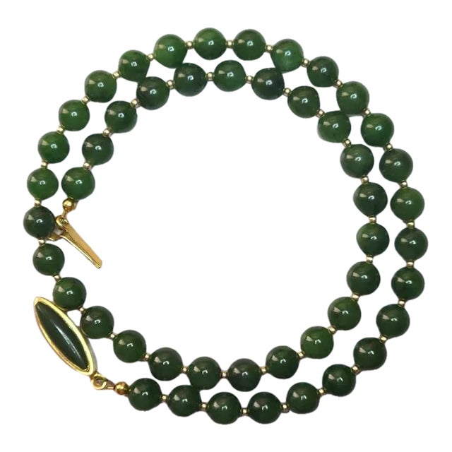 Natural Russian Siberian Nephrite Jade Necklace, 14k Gold Accents, Jade Clasp For Sale