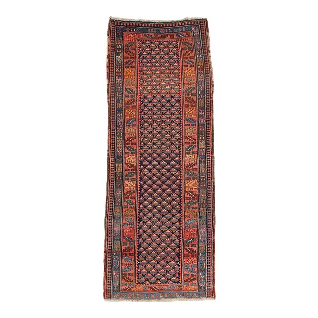 Antique Navy Blue Tribal Geometric Persian Kurd Runner Rug, c. 1900 For Sale