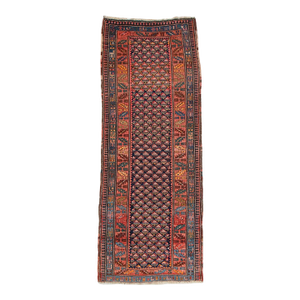 Antique Navy Blue Tribal Geometric Persian Kurd Runner Rug, c. 1900