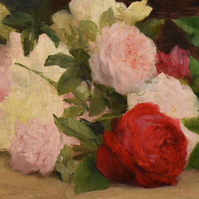 Achille Théodore Cesbron, Basket of Roses, 1890s, Oil on Canvas For Sale - Image 6 of 11