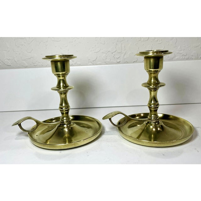 Traditional Pair of Vintage Brass Chamberstick Candlestick Holders For Sale - Image 3 of 5