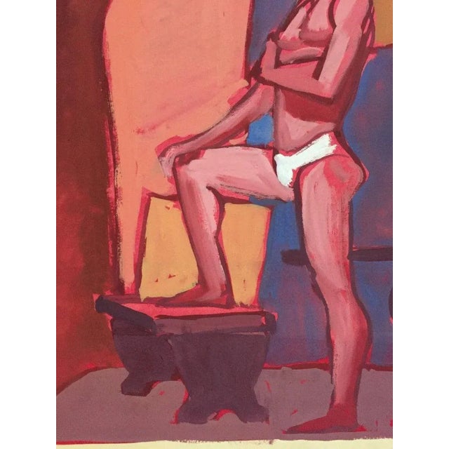 1950s "Tighties" 1950's Gouache Male Nude Mid Century Painting Pink Red Blue Frame For Sale - Image 5 of 6
