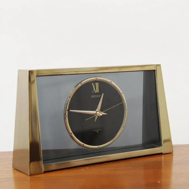 Metal Vintage Brass and Glass Mantle Clock from Seiko, 1960s For Sale - Image 7 of 9