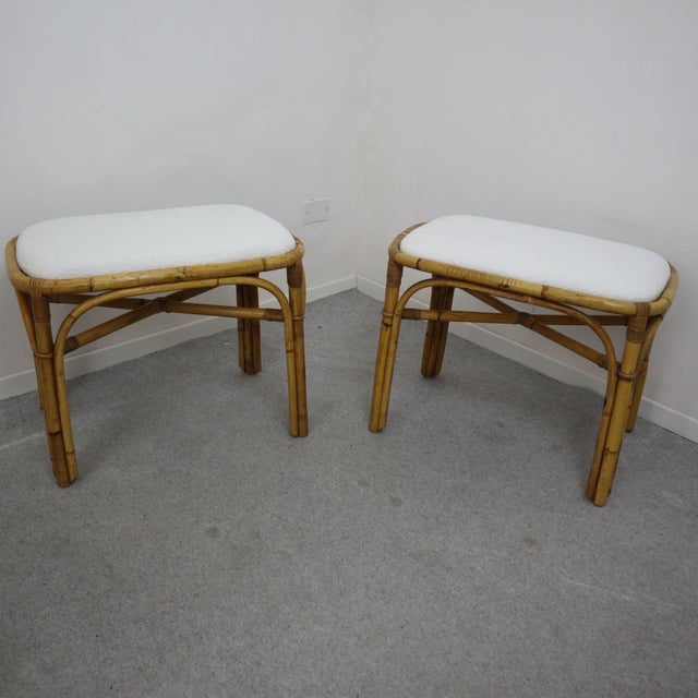 Pair of 1970s Italian Rattan and Bamboo Stools With White Boucle Upholstery For Sale - Image 9 of 9