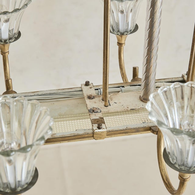 Brass Italian Murano Fluted Glass + Brass 8-Arm Chandelier, 1940s For Sale - Image 8 of 11