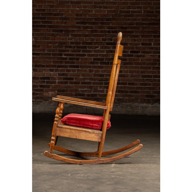 Antique Wooden Rocking Chair With Red Cushion For Sale In Chicago - Image 6 of 10