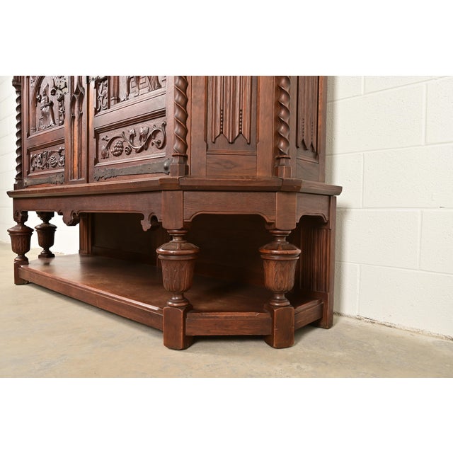 Wood Antique French Gothic Revival Oak Bar Cabinet With Carved Figures, Circa 1890s For Sale - Image 7 of 14
