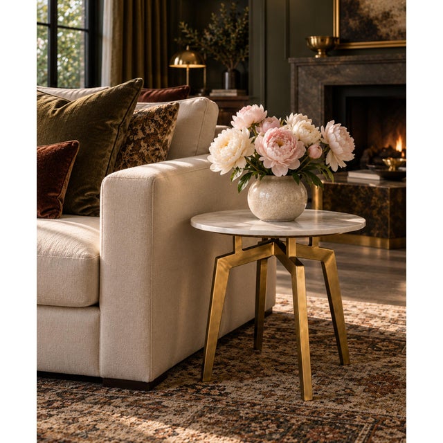 Mid-Century Modern Deco White Marble & Brass Side Table For Sale - Image 3 of 3