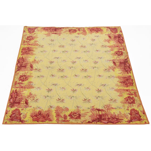 Vintage French Style Needlepoint Yellow Wool Rug With Chinoiserie Toile Border For Sale - Image 13 of 13