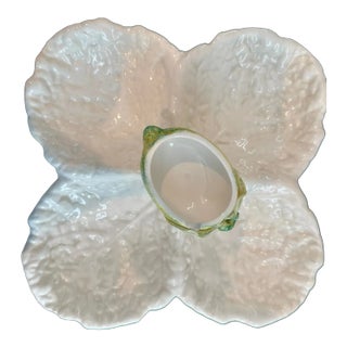 Vintage Italian Majolica Cabbage Ware Serving Platter in White With Attached Bowl Hand-Painted Green & Yellow For Sale