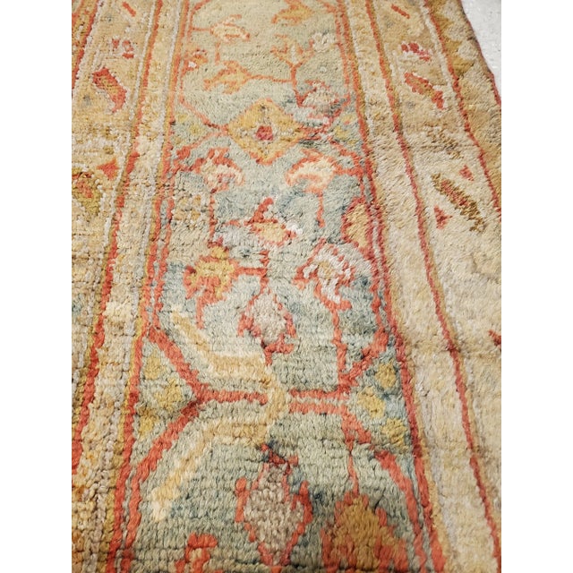 Antique Oushak Oriental Handmade Saffron, Light Blue & Coral Rug For Sale - Image 9 of 12