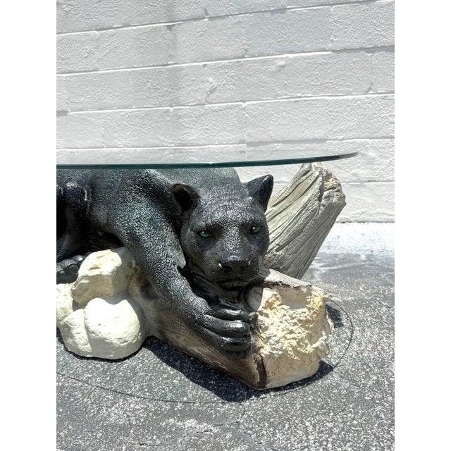 Glass Vintage MCM Resin Crouching Cat/Black Panther Coffee Table For Sale - Image 7 of 9