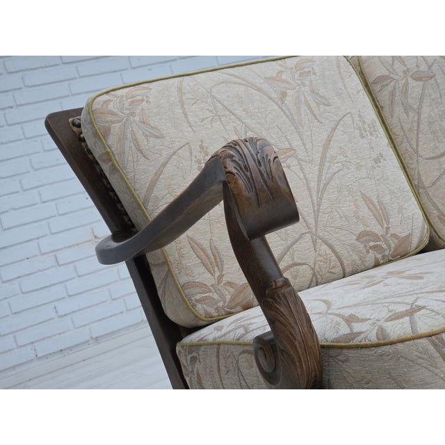 Vintage Danish Three-Seater Sofa in Furniture Fabric and Carved Oak, 1950s For Sale - Image 4 of 18