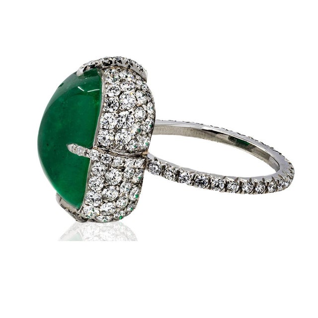 PL Ring with 9.88ct Gueblin Certified Emerald Cabochion Minor and 2.98cts of RB diamonds