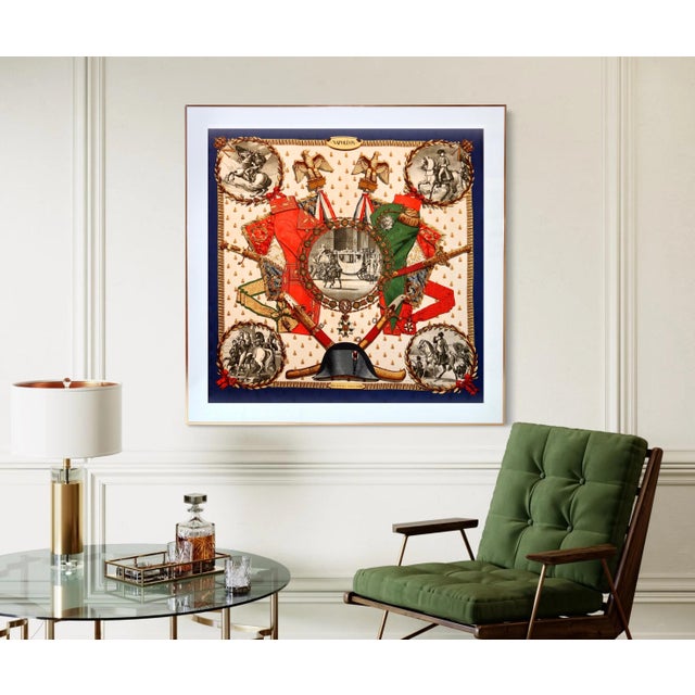 This is an authentic framed silk scarf from Hermès. Designed by Philippe Ledoux in 1963, this scarf honors Napoléon...
