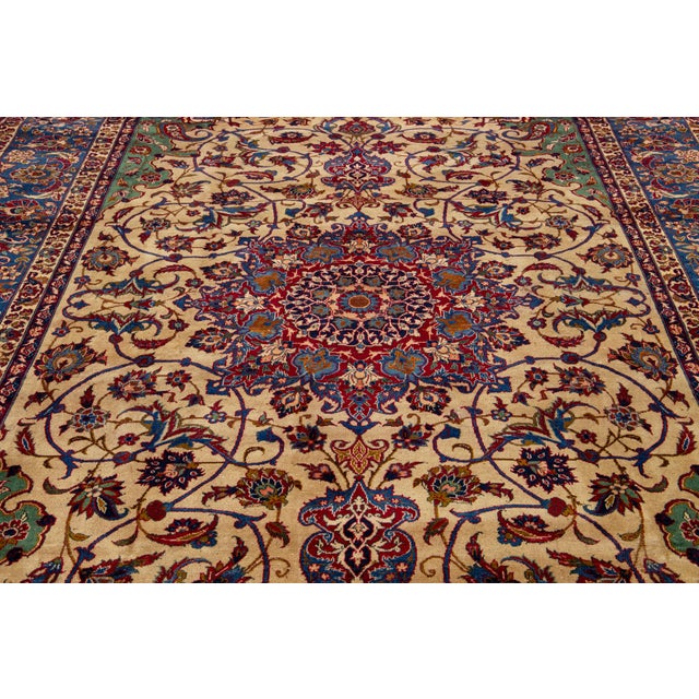 Textile Green Antique Tabriz Persian Wool Rug Wth Rosette Motif For Sale - Image 7 of 8