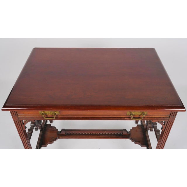 Late 19th Century 1880s English Aesthetic Movement Mahogany Writing Desk With Pierced Geometric Carving For Sale - Image 5 of 9