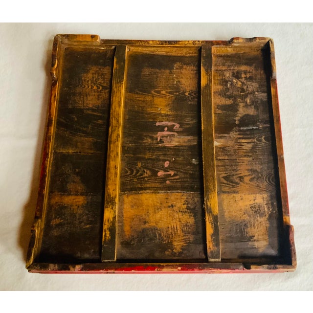 Wood 19th Century Chinese Elmwood Red Lacquer Tea Tray - Hand Made & Hand Painted For Sale - Image 7 of 12