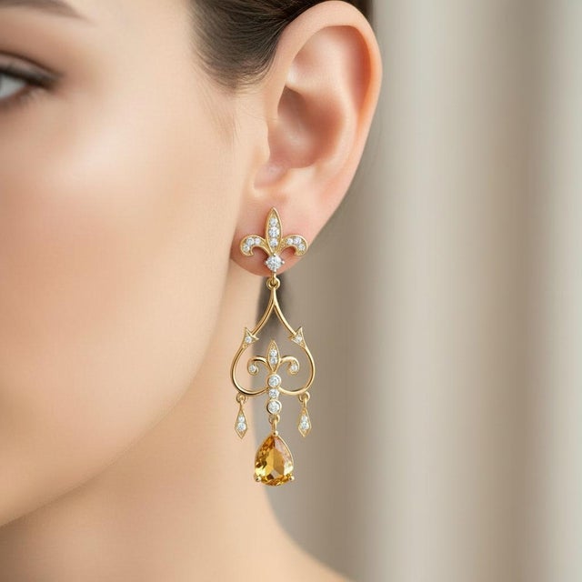 Modern Fleur De Lis Chandelier Earrings Studs With Citrine in Silver, Gold, A Pair For Sale - Image 3 of 6