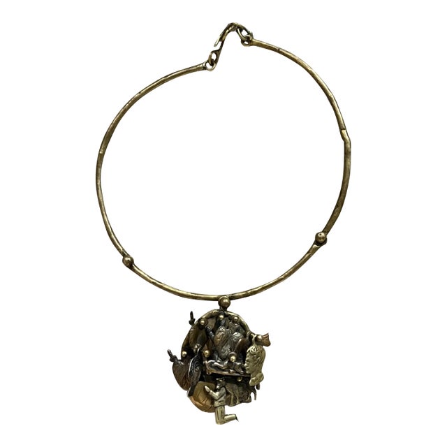 1970s Pal Kepenyes Brutalist Brass Necklace Milagros Series For Sale