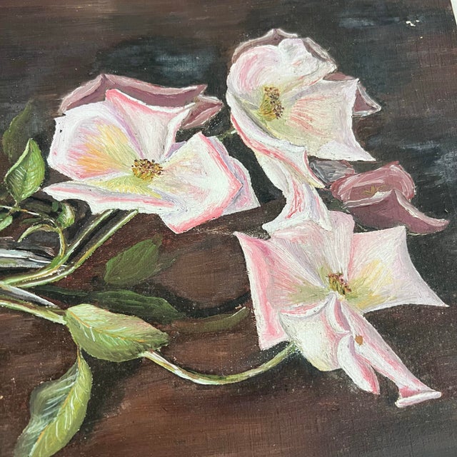 Antique oil painting on board by John Allan in 1928. Features beautiful pink flowers (possibly dogwood flowers?) with a...