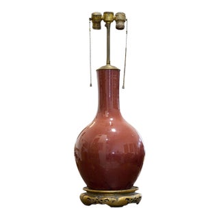 Vintage Large Chinese Oxblood Glazed Vase Table Lamp With Giltwood Base For Sale