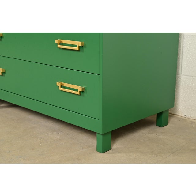 Michael Taylor for Baker Furniture Mid-Century Hollywood Regency Green Lacquered Campaign Dresser, Newly Refinished For Sale - Image 11 of 15