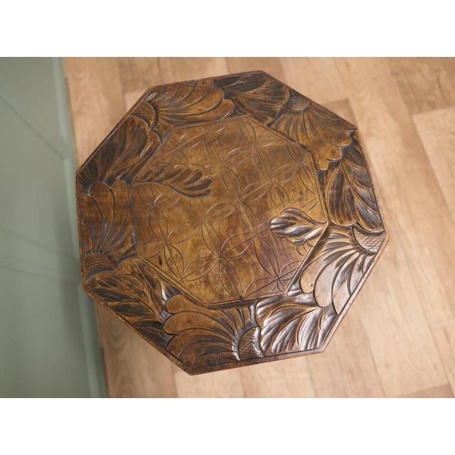 19th Century Antique Arts and Crafts Carved Elm Octagonal Plant Stand from Liberty & Co, 1880 For Sale - Image 5 of 7
