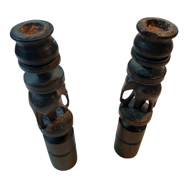Wooden Carved Elephant Candlesticks From Kenya For Sale
