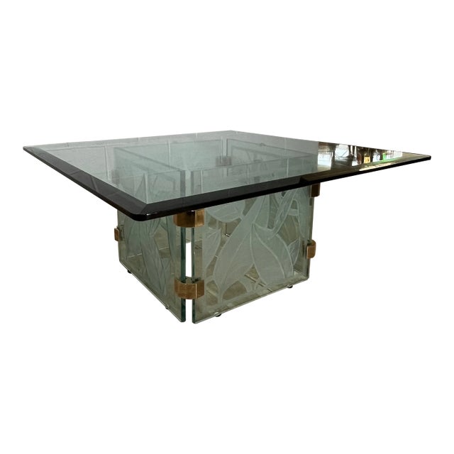 1970's Postmodern Etched Glass & Brass Coffee Table, Sculptural Botanical Base For Sale