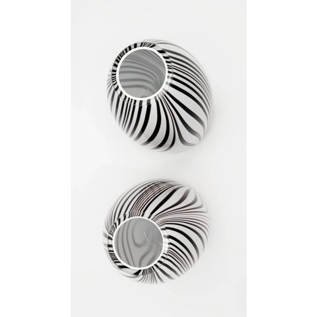 Glass Pair Hand-Blown Art Glass Vases White Oxblood Striped Murano Style MCM For Sale - Image 7 of 9