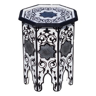 White and Black Moroccan Hand-Painted Accent Table For Sale